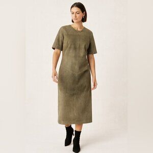 Vintage Danier Olive Green Real Suede Leather Midi Dress Short Sleeve Size L